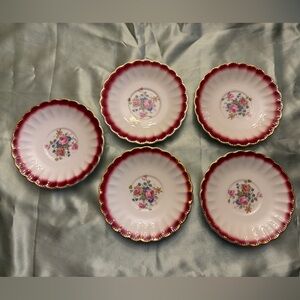 Vintage Sebring Pottery Mandarin Maroon Saucers – Set of 5 – 22K Gold Trim